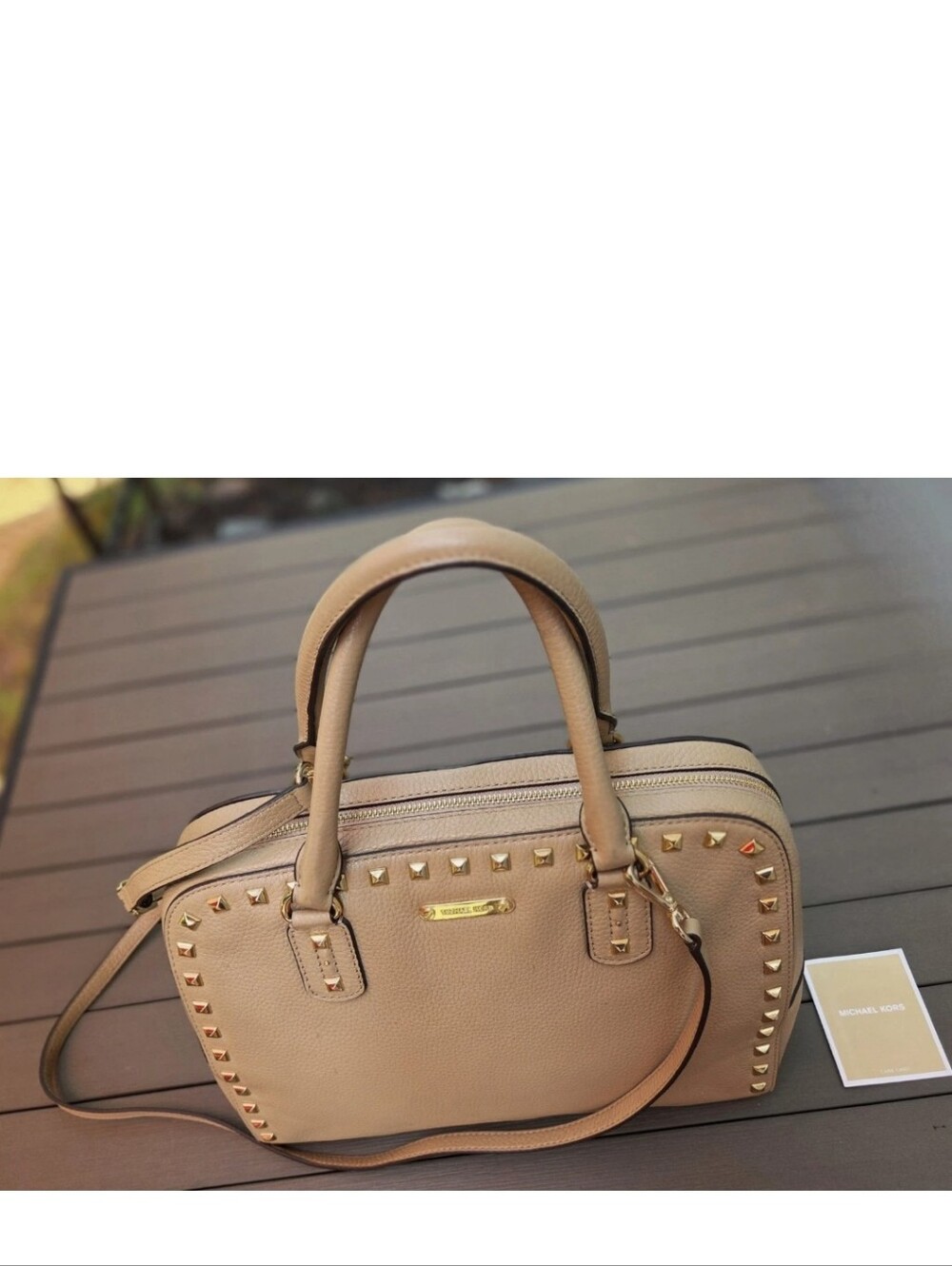 MICHAEL KORS Sandrine Large Camel Beige Studded Leather Satchel